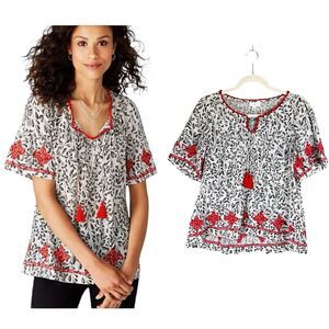 J Jill Prairie Peasant Tunic Top Embroidered Sz S Boho Tassel Tie Cottage Cotton